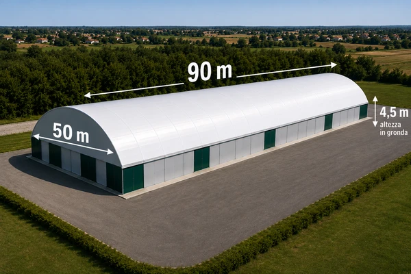 Tensostruttura Triberti da 90×50 metri, 4,5 m di altezza in gronda